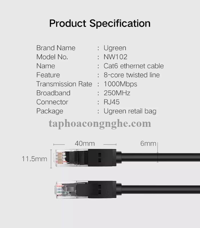 Ugreen 20164 10M màu Đen Cáp mạng LAN CAT6 UTP NW102 30020164